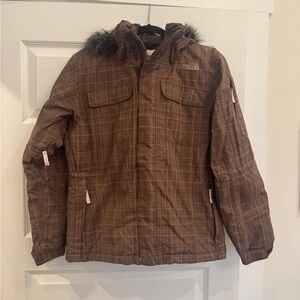 The North Face Brown Jacket with Fur Hood and Soft Pink Lining